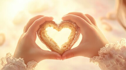 Two hands forming a heart shape against a light background, close-up, in a light pink and beige style, with a romantic scene, high resolution, soft lighting,
