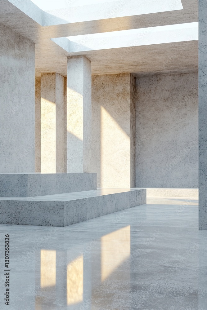 Poster this high-end concrete interior features a polished floor that captures soft skylight reflections, h