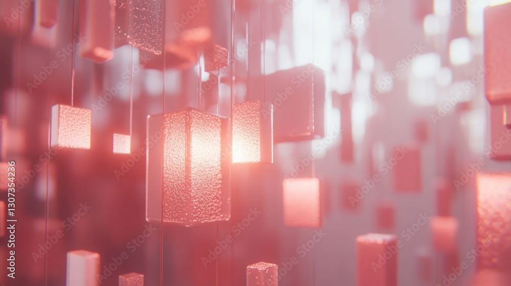 Poster Floating Red And Clear Blocks With Radiant Light Creating Abstract Geometric Composition