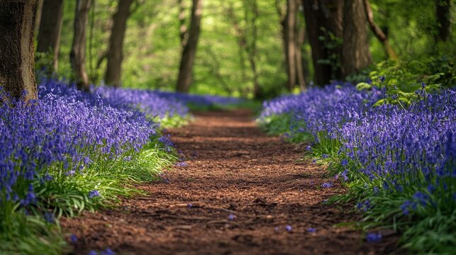 A winding, dark brown mulch path meanders through a forested glade, bordered by vibrant fields of rich, deep blue flowers