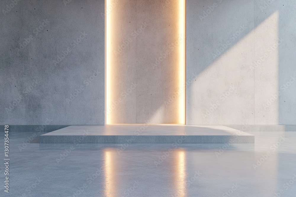 Poster polished concrete space features a water-drenched floor reflecting soft skylight highlights. the arc