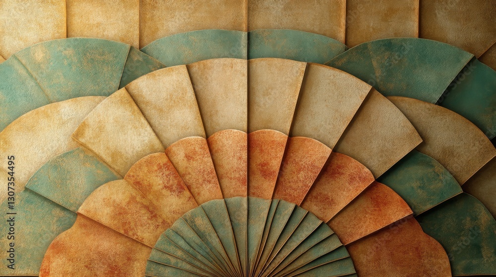 Poster decorative paper fans arranged in an overlapping geometric pattern composition