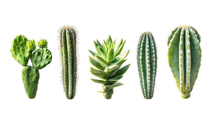 Collection of various cactus plants isolated PNG on white background in botanical desert composition