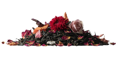 Vibrant dried flowers in shades of red and yellow are set against a plain white backdrop