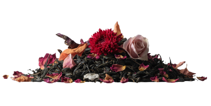 Vibrant dried flowers in shades of red and yellow are set against a plain white backdrop