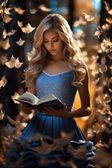 Woman Reading a Book Among Falling Leaves in Dreamy Forest Scene