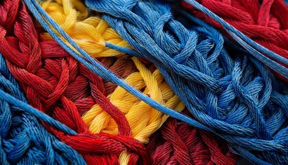 colorful woven threads in blue yellow and red interlaced with durable netting showcasing vibrant textures for enhancing net functionality