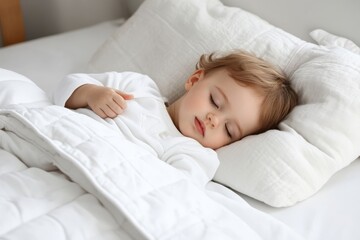 Baby sleeping peacefully in white bedding enjoying a nap