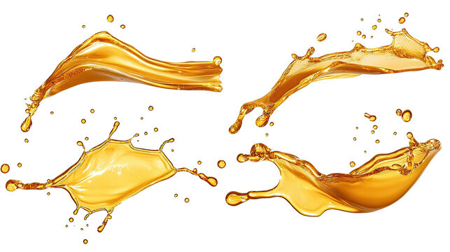 Golden liquid splashes in various dynamic shapes isolated on white background with glossy flowing texture. PNG