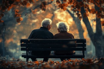 Elderly Couple on Autumn Park Bench at Sunset