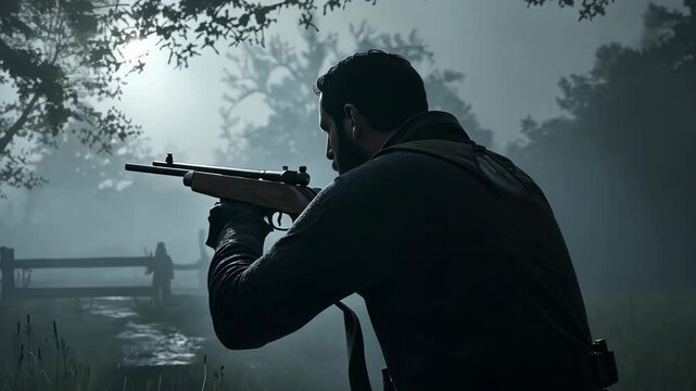 Hunter prepares for a night expedition in a misty forest under the moonlight