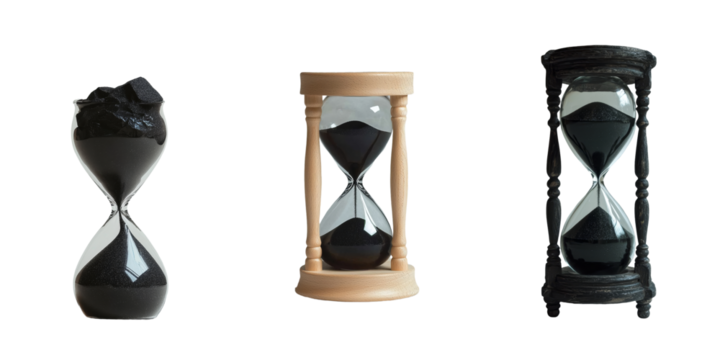 An hourglass filled with black sand stands out against its white background