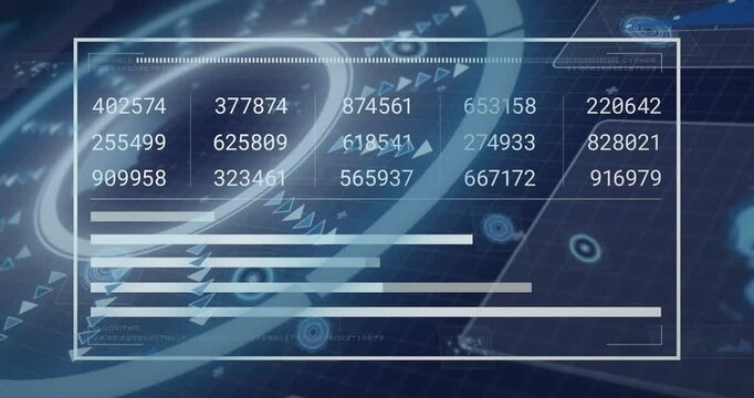 Animation of digital data and bar graphs on blue technology interface