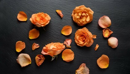 dark slate surface with delicate orange rose petals scattered and slightly wilted flowers wilted roses