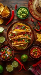 Fototapeta premium Overhead shot of a cinco de mayo feast featuring tacos, guacamole, salsa, tortilla chips, and lime, creating a vibrant and celebratory atmosphere