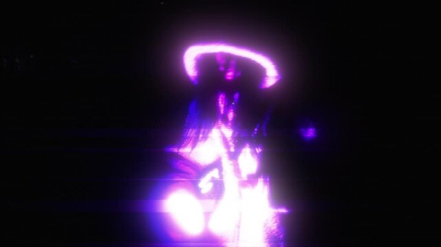 Horizontal looped video of a female raver in a pink fur coat dancing with flashing lights and a digital glitch effect.