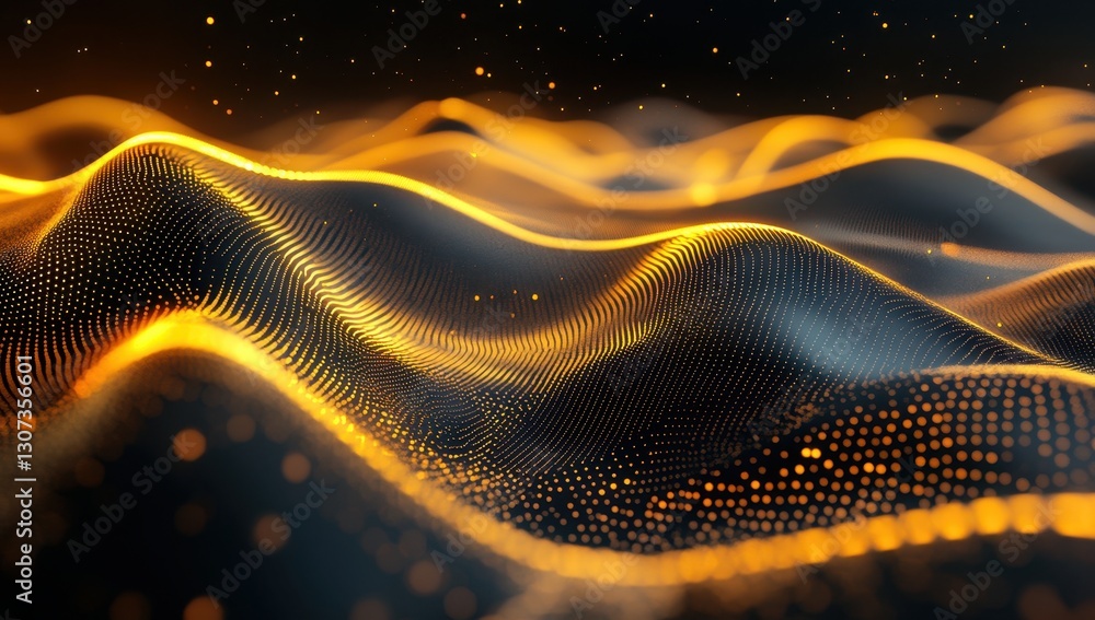 Aufkleber abstract golden wave pattern with glowing particles in a dark background, representing modern techno
