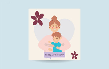 Happy Mother's Day Card with Mom and Son Hugging Cute Floral Vector Illustration for Holiday Greeting