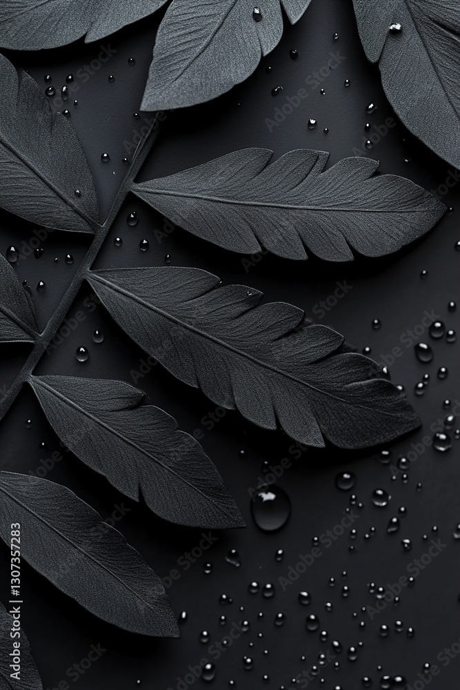 Poster a captivating black botanical backdrop features striking monochrome fern leaves adorned with shimmer