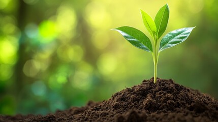 Fototapeta premium Young Sprout Growing in Soil - A single green sprout emerges from rich dark soil against a blurred green background, symbolizing growth, new beginnings, and environmental conservation