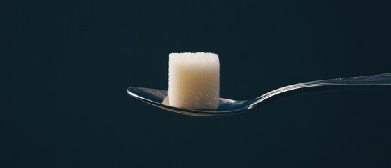 Obraz premium Sugar Cube on Spoon with Dark Background Highlighting the Contrast of Sweetness Against Simplicity and Elegance in Culinary Contexts