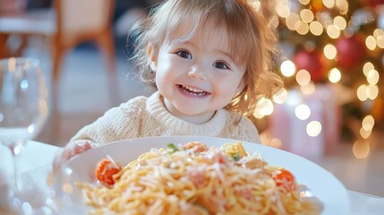 Baby Eats Pasta Xmas Dinner