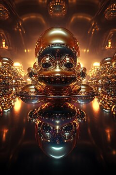 Abstract gold monkey sculptures with reflective surfaces and light sources