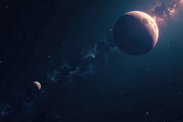 Fototapeta premium Dark space backdrop with lone asteroid orbiting a distant moon, asteroid, void, dwarf planet