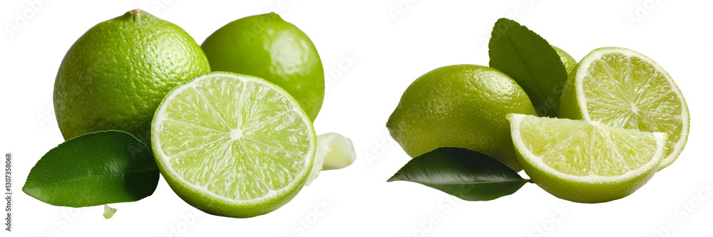 Poster isolated on a white background is a green lime, cut in half and then sliced