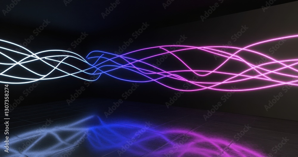 Poster abstract neon light waves in a dark room creating a vibrant and dynamic atmosphere with reflections 