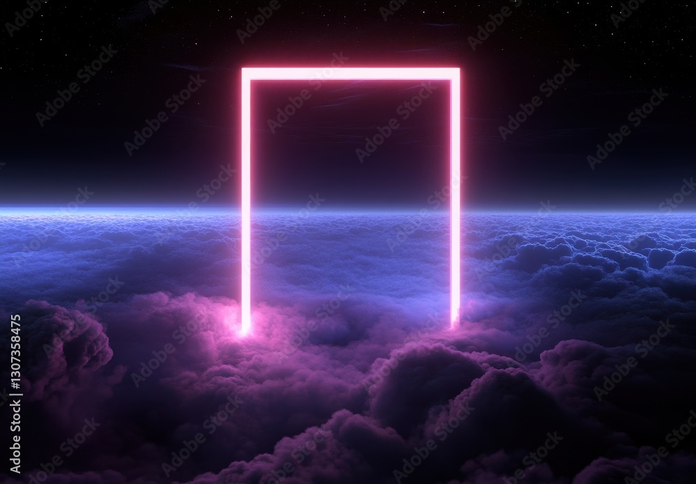 Poster abstract neon portal above clouds with starry sky, creative digital art representation of gateway to