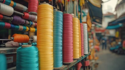 Colorful thread spools displayed at a market stall.