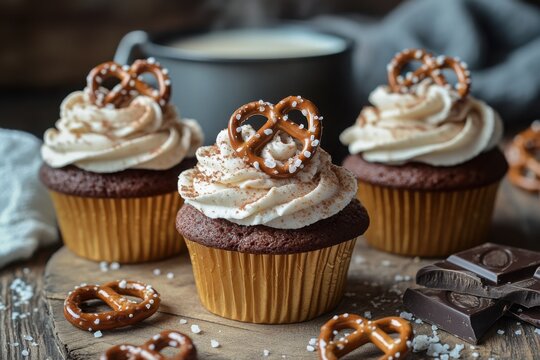 Decadent cupcakes with pretzel toppings showcasing a delightful contrast of flavors and textures for a delightful treat