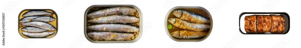 Poster an open can of sardines packed in olive oil is pictured on a white background
