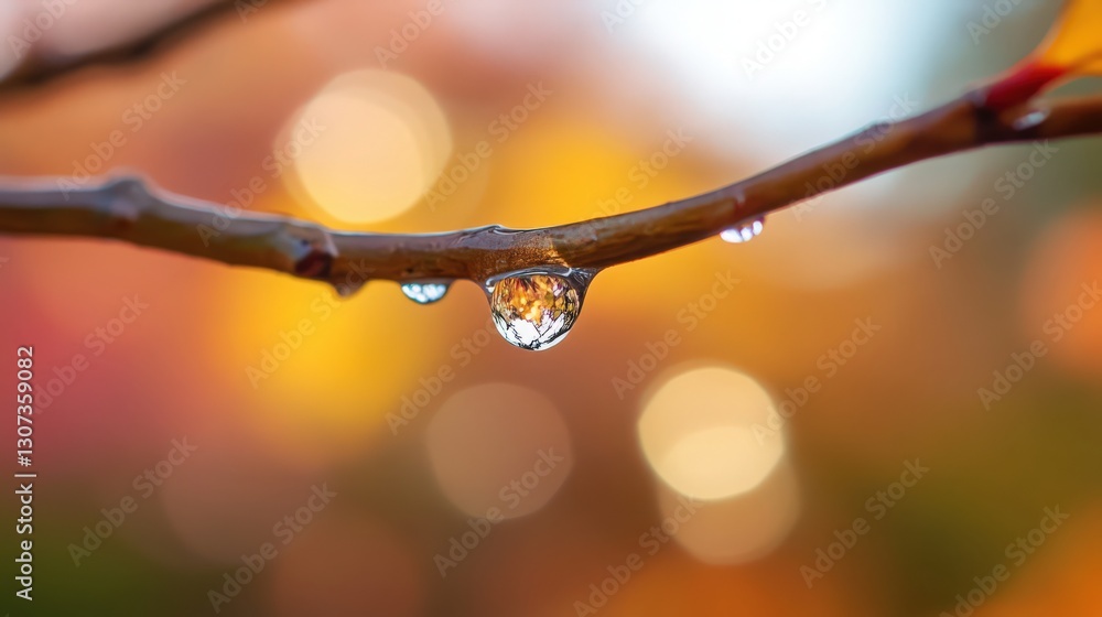 Poster Autumn reflection in raindrops hanging from a delicate twig macro view