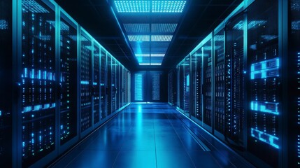 Fototapeta premium Futuristic Blue Lit Data Center Corridor with Glowing Servers