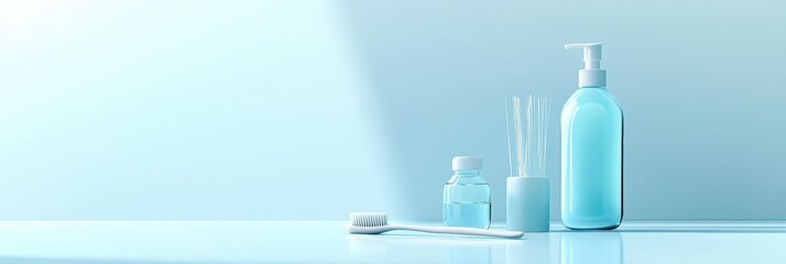 Dental hygiene tools—toothbrush, mouthwash, and floss—on a light blue background to promote oral care. OralHealth DentalCare