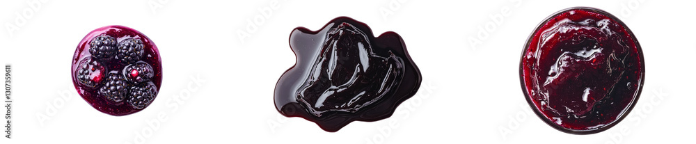 Poster the texture and appearance of blackcurrant jam and marmalade are showcased from above against a whit