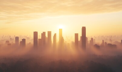 A stunning city skyline captured during golden hour, featuring a prominent tower illuminated by warm light.