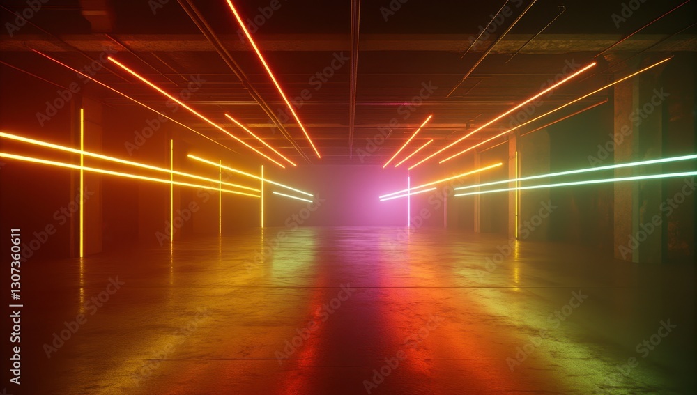 Poster abstract view of an illuminated corridor featuring vibrant neon lights in various colors creating en