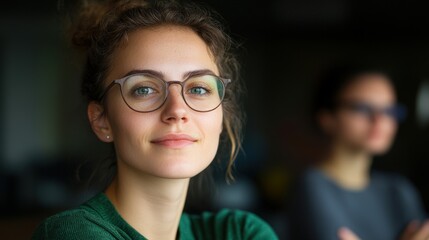 A young woman with glasses smiles confidently in a softly lit environment, with another person blurred in the background, This image can be used in marketing, education