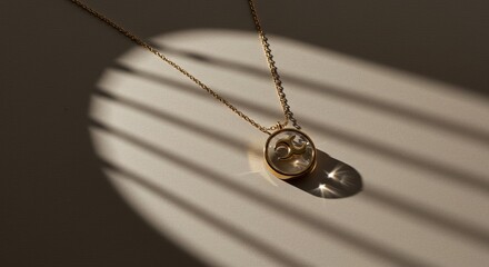 Fototapeta premium A gold chain necklace featuring a clear circular pendant with a delicate gold crescent moon design. Sunlight casts dramatic shadows.