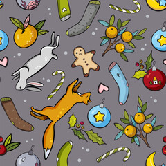 Seamless pattern for the New Year features delightful illustrations of a fox, rabbit, festive socks, mandarins, and other seasonal elements on a grey background