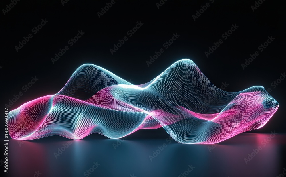 Poster abstract wave forms in neon pink and blue light on a dark background showcasing fluid motion and mod