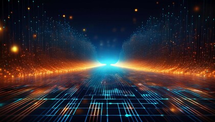 abstract digital data stream with glowing blue and orange light particles on a grid floor representing technology data and futuristic concepts