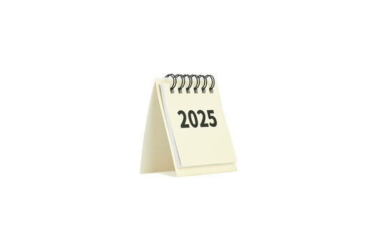 Light yellow paper mini desk calendar 2025 isolated on white background with clipping path.