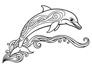 Hand drawn Zentangle dolphin with scrolling sea wave for coloring book for adult
