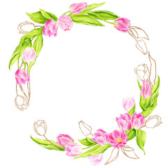 Wreath of watercolor pink tulips with gold. Composition for cards, greeting cards, posters, invitations. Spring, Wedding, Mother's Day, Easter, Women's Day, Birthday. Hand drawn illustration.
