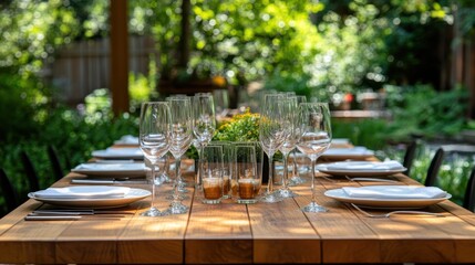 Outdoor garden party table setting with wine glasses, plates, and flowers.