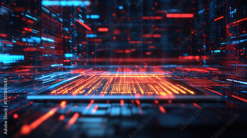 Poster abstract digital data streams and glowing circuits.
